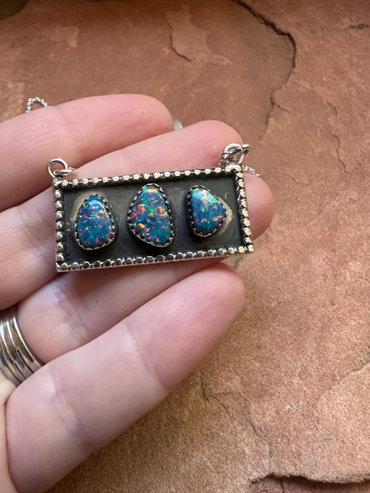 Handmade Sterling Silver & Blue Fire Opal 3 Stone Bar Necklace