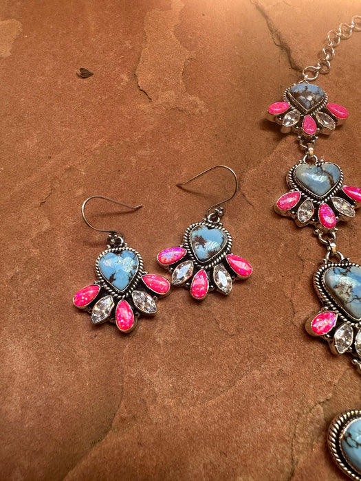 Handmade Sterling Silver, Hot Pink Fire Opal, CZ & Golden Hills Turquoise Set Necklace Signed Nizhoni
