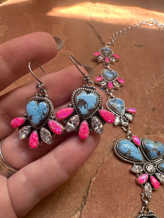 Handmade Sterling Silver, Hot Pink Fire Opal, CZ & Golden Hills Turquoise Set Necklace Signed Nizhoni