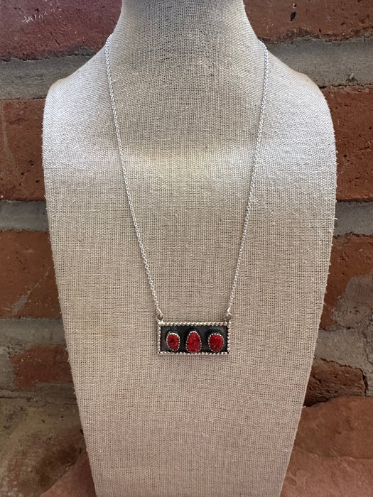 Handmade Sterling Silver & Red Fire Opal 3 Stone Bar Necklace