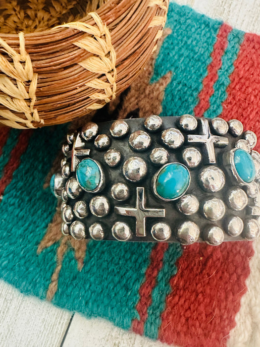 Navajo Turquoise & Sterling Silver Cross Cuff Bracelet By Chimney Butte