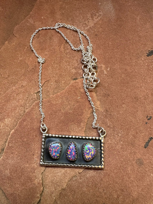 Handmade Sterling Silver & Purple Fire Opal 3 Stone Bar Necklace