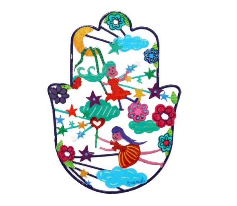 Hand Painted Wall Hamsa with Enamel Finish - Colorful Fairies - Culture Kraze Marketplace.com