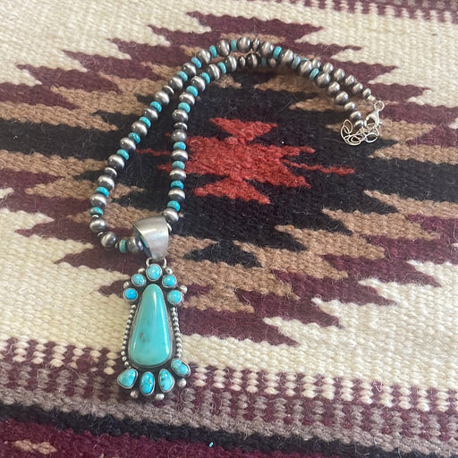 Beautiful Navajo Sterling Silver Beaded Turquoise Necklace With Pendant Signed B Johnson - Culture Kraze Marketplace.com