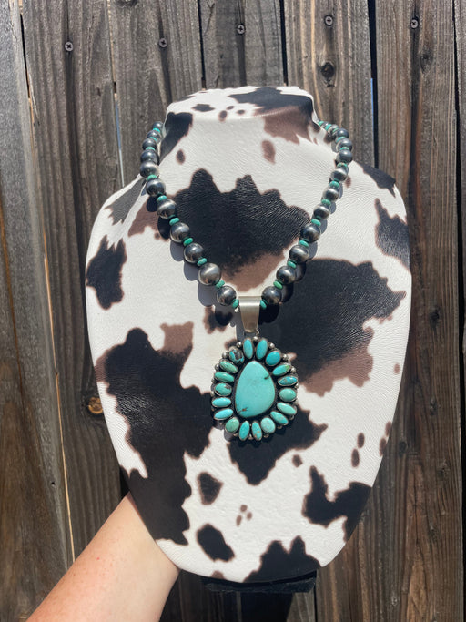 Beautiful Navajo Sterling Silver Beaded Turquoise Necklace With Pendant Signed Ella Peter - Culture Kraze Marketplace.com