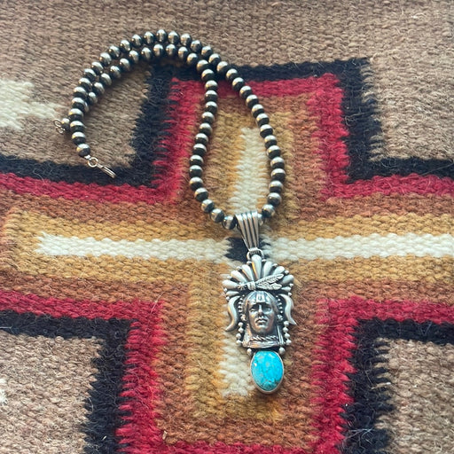 Beautiful Navajo Sterling Silver & Turquoise Chief Pendant Signed Russell Sam - Culture Kraze Marketplace.com