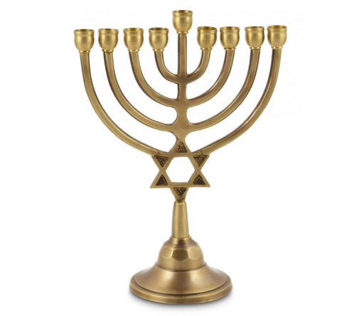 Antique Gold Classic Chanukah Menorah with Star of David, For Candles - 9 Inches - Culture Kraze Marketplace.com