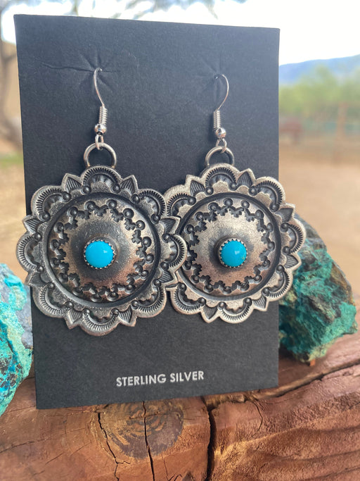 Navajo Turquoise & Sterling Silver Concho Dangle Earrings By Kevin Billah - Culture Kraze Marketplace.com