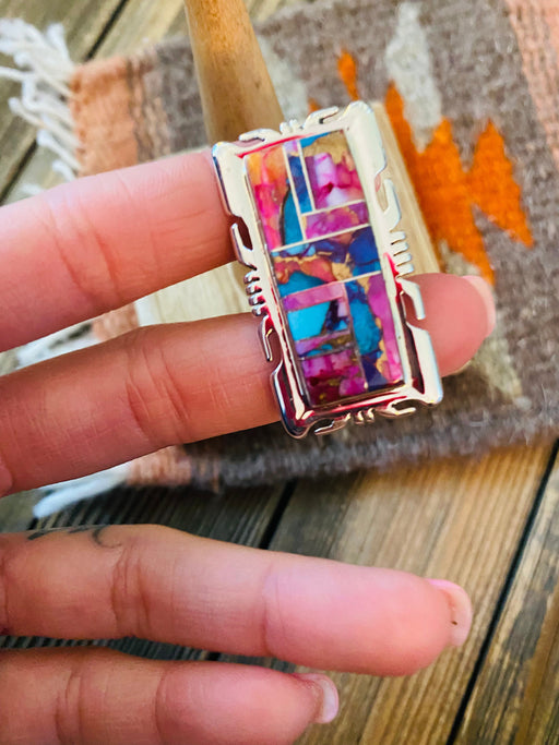 Navajo Sterling Silver & Pink Dream Mohave Rectangle Inlay Ring Size 8.25 - Culture Kraze Marketplace.com