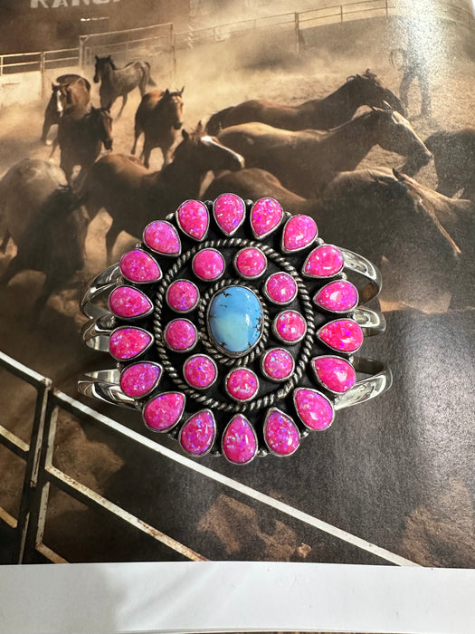 Handmade Sterling Silver, Golden Hills Turquoise & Hot Pink Fire Opal Adjustable Cuff Bracelet