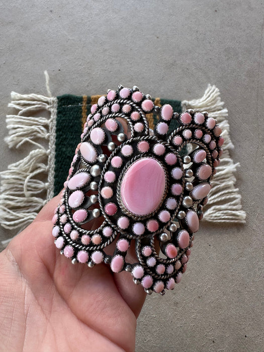 “The QUEEN” Navajo Queen Pink Conch Shell & Sterling Silver Cuff Bracelet Signed Russell Sam