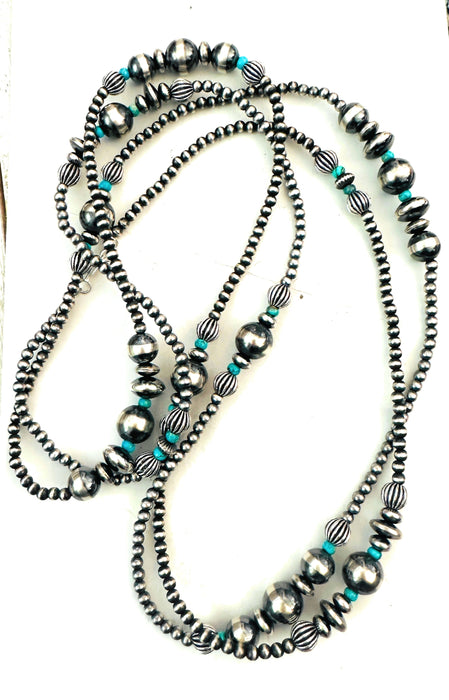 Navajo Sterling Silver Pearl & Turquoise Beaded Necklace 60”