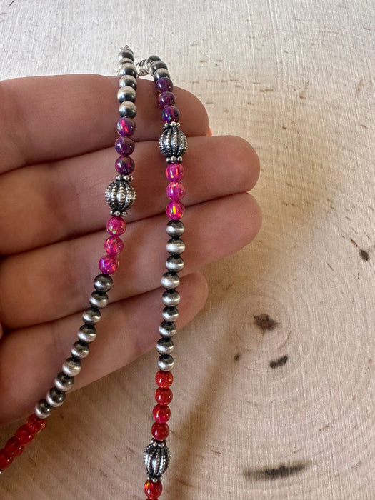 Handmade Navajo Pearl Style Sterling Silver, Red & Pink Fire Opal Beaded Necklace