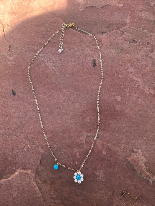 “The Golden Collection” Handmade Turquoise & Mother of Pearl Beaded 18k Gold Plated Flower Necklace