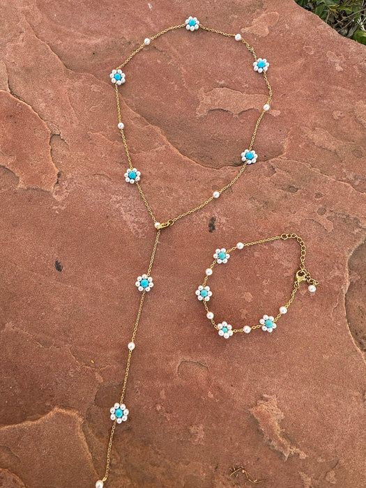 “The Golden Collection” Handmade Turquoise & Mother of Pearl Beaded 18k Gold Plated Flower Lariat Necklace