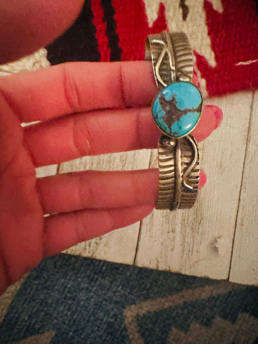 Navajo Turquoise & Sterling Silver Feather Cuff Bracelet