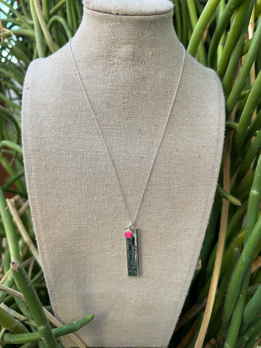 HOWDY Handmade Hot Pink Fire Opal & Silver Plated Bar Charm Necklace
