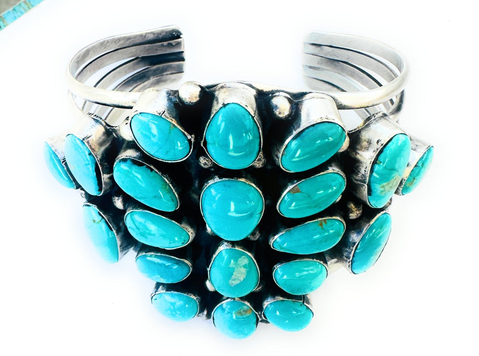 Navajo Kingman Turquoise & Sterling Silver Cluster Cuff Bracelet