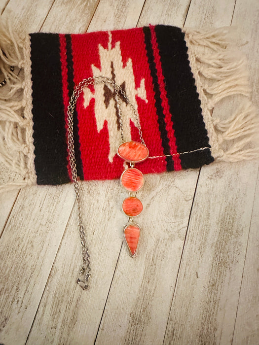 Navajo Orange Spiny & Sterling Silver 4 Stone Lariat Necklace by Wydell Billie