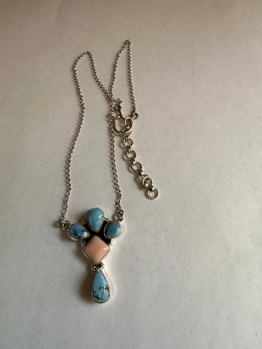 Handmade Sterling Silver, Golden Hills Turquoise & Pink Conch Necklace