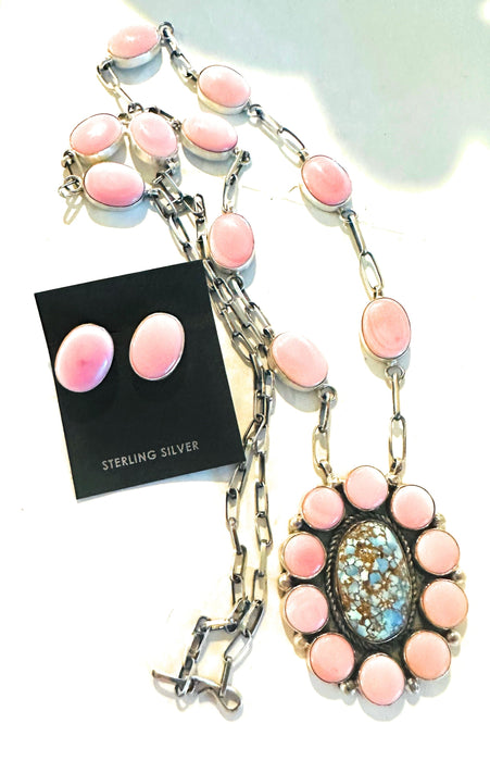 Navajo Turquoise, Queen Pink Conch & Sterling Silver Necklace Earrings Set