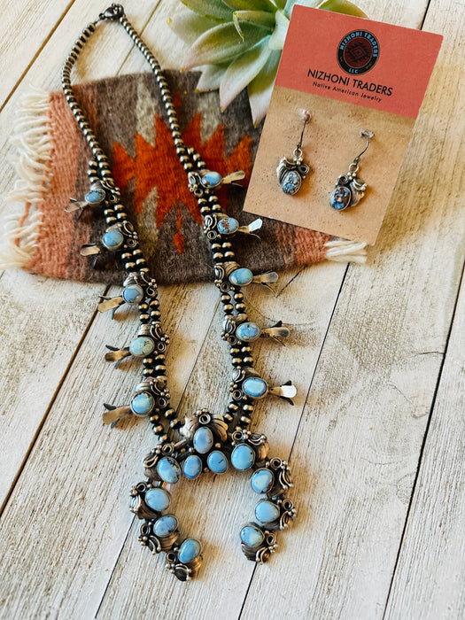 Navajo Golden Hills Turquoise & Sterling Silver Squash Blossom Necklace Set