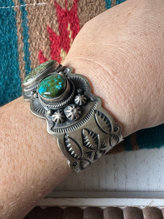 Beautiful Navajo Sterling Silver 3 Stone Turquoise Bracelet Cuff Signed S.Tso
