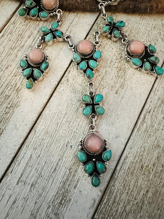 Handmade Sterling Silver, Queen Pink Conch & Turquoise Lariat Necklace