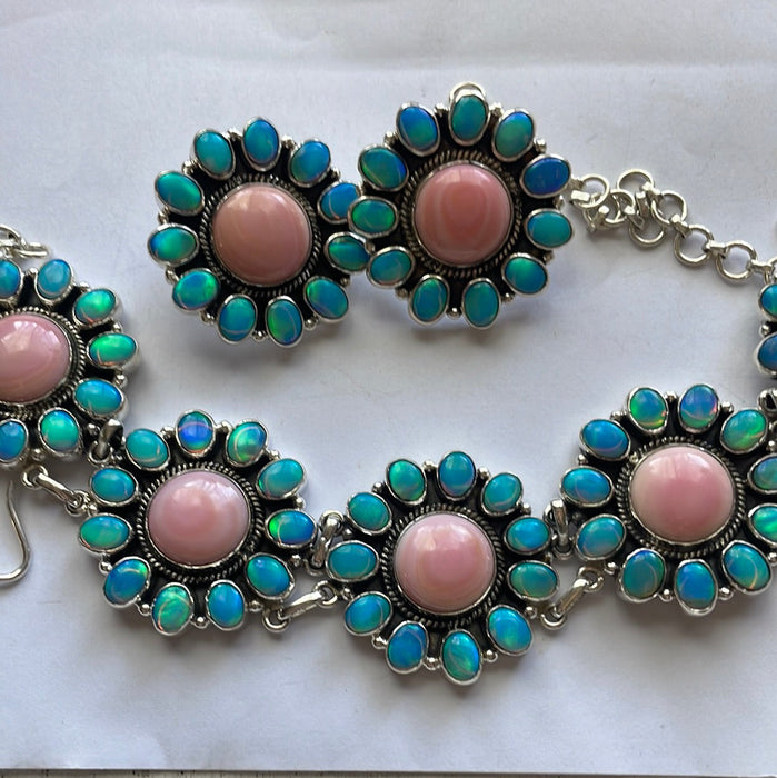 Handmade Sterling Silver, Pink Conch & Blue Opal Choker Necklace & Earring Set Signed Nizhoni