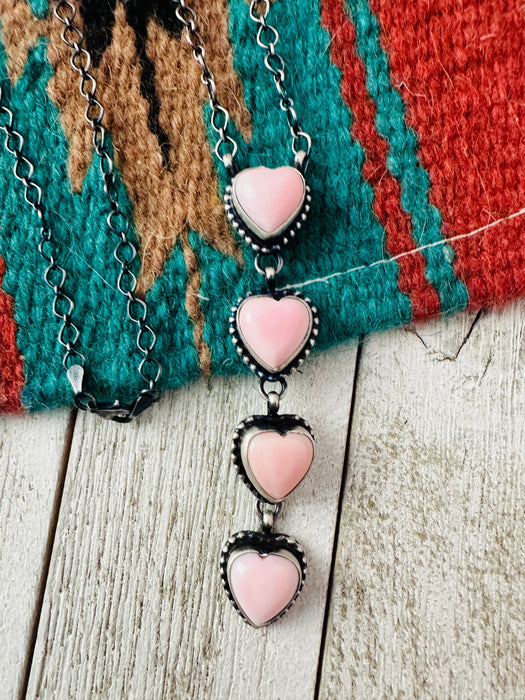 Navajo Queen Pink Conch & Sterling Silver Pearl Lariat Heart Necklace