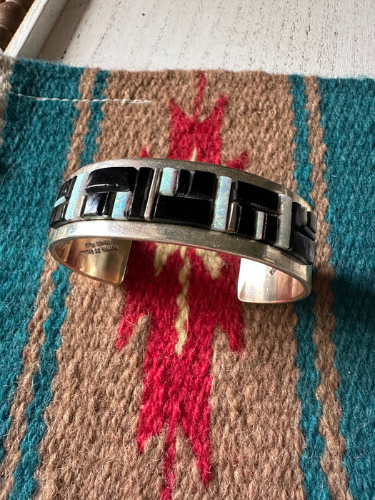 Navajo Fire Opal, Onyx & Sterling Silver Inlay Cuff Bracelet Signed Patricia Ed Becenti