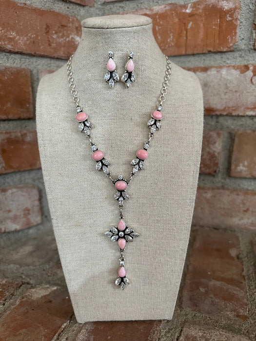 Handmade Sterling Silver, CZ & Pink Conch Statement Necklace Set