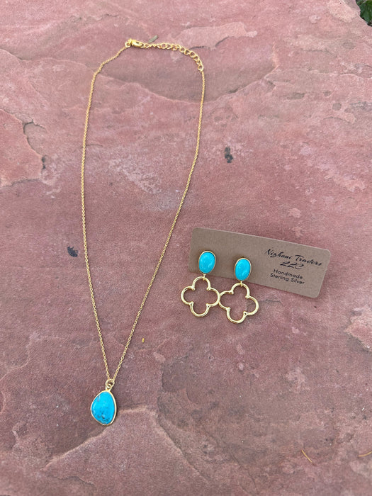 “The Golden Collection” Handmade Natural Turquoise Single Stone 14k Gold Plated Necklace