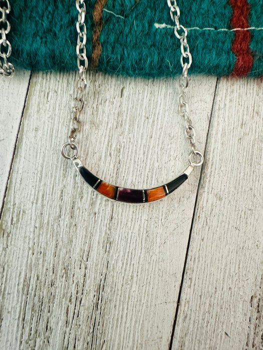 Navajo Sterling Silver, Onyx & Spiny Inlay Crescent Necklace