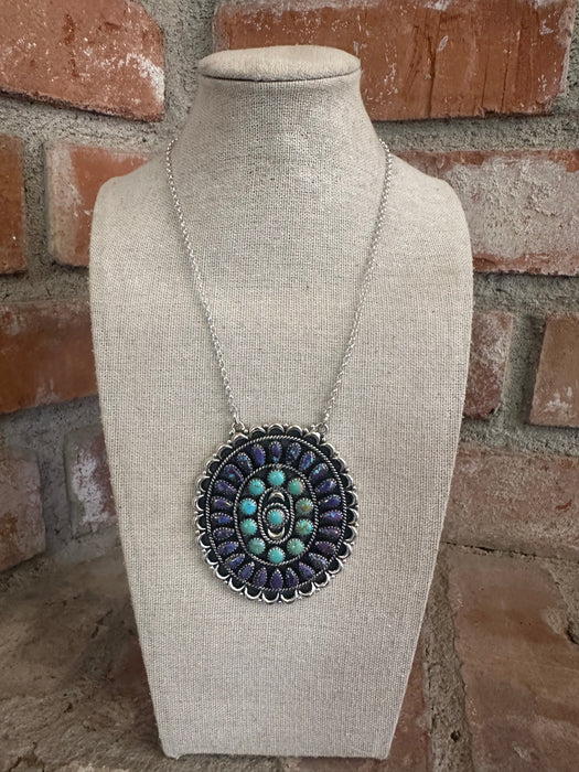 Beautiful Handmade Sterling Silver, Purple Dream Mojave & Turquoise Cluster Necklace Signed Nizhoni