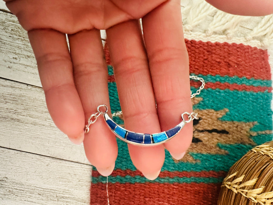 Navajo Sterling Silver, Lapis & Opal Inlay Crescent Necklace
