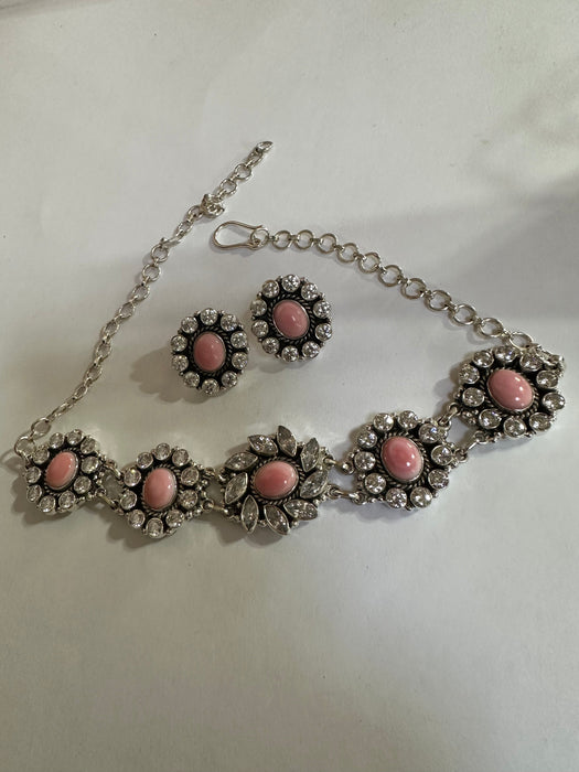 Handmade Sterling Silver, CZ & Pink Conch Choker Necklace Set