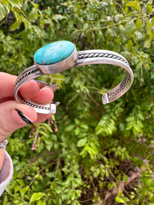 Navajo Single Stone Turquoise And Sterling Silver Adjustable Cuff Bracelet