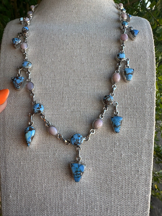 Handmade Sterling Silver, Pink Conch & Golden Hills Turquoise Necklace Signed Nizhoni