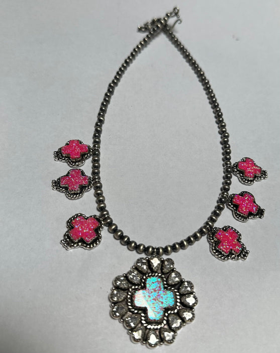 Handmade Hot Pink Fire Opal, CZ and Sterling Silver Cross Necklace