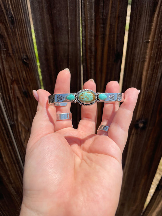 Nizhoni Handmade Sterling Silver & Number 8 Turquoise 3 Stone Adjustable Cuff Bracelet