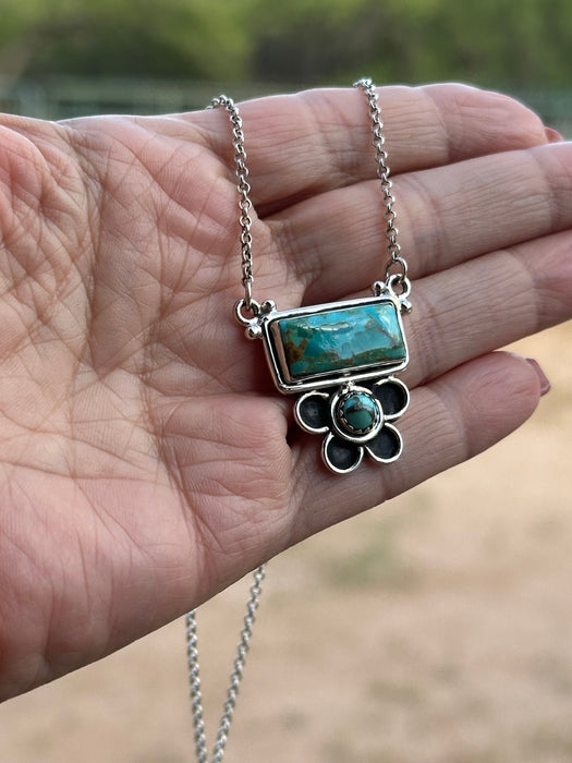 Sterling Silver and Royston Turquoise Flower Bar Necklace