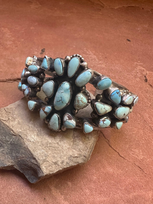 Navajo Golden Hills Turquoise & Sterling Silver Cluster Cuff Bracelet Signed B Johnson