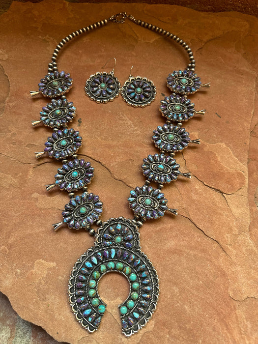 Handmade Sterling Silver, Purple Dream Mojave & Turquoise Squash Blossom Necklace Set Signed Nizhoni