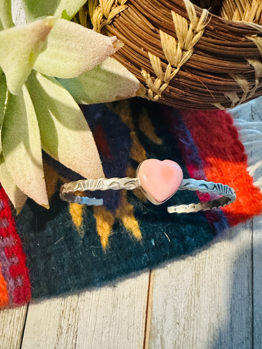 Navajo Sterling Silver & Queen Pink Conch Heart Cuff Bracelet