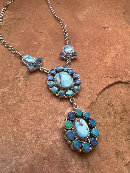 Handmade Golden Hills Turquoise, Blue Fire Opal & Sterling Silver Necklace