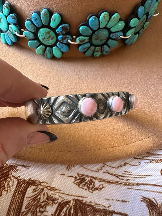Navajo 3 Stone Queen Pink Conch Shell & Sterling Silver Cuff Bracelet by Chimney Butte