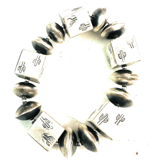 Navajo Hand Stamped Sterling Silver Beaded Cactus Bracelet