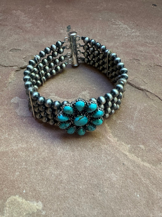 Handmade Sterling Silver & Turquoise Beaded Navajo Pearl Style Bracelet