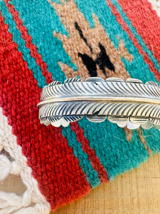 Navajo Hand Stamped Sterling Silver Feather Cuff Bracelet